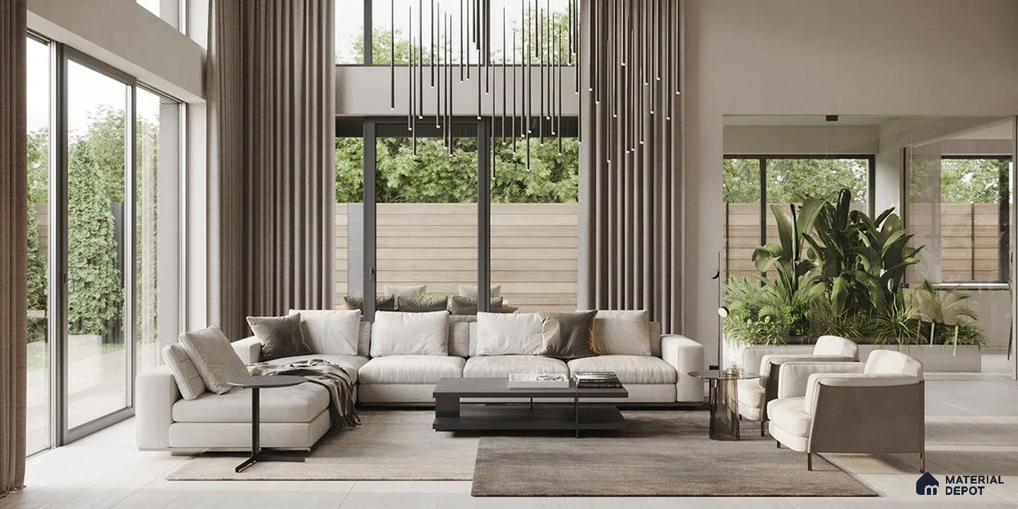 A retro living room with mid-century modern furniture, geometric patterns, and vibrant colors.